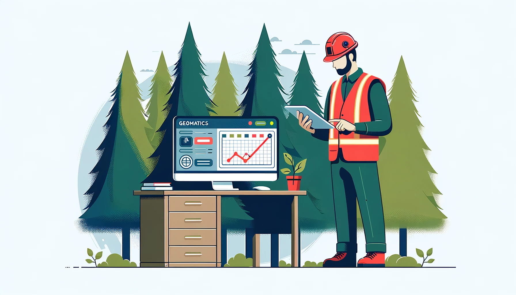 DALL·E 2023-10-30 11.03.10 - Vector illustration in a professional and minimalist style, depicting a forestry worker wearing a red safety helmet and a red inventory vest, intently